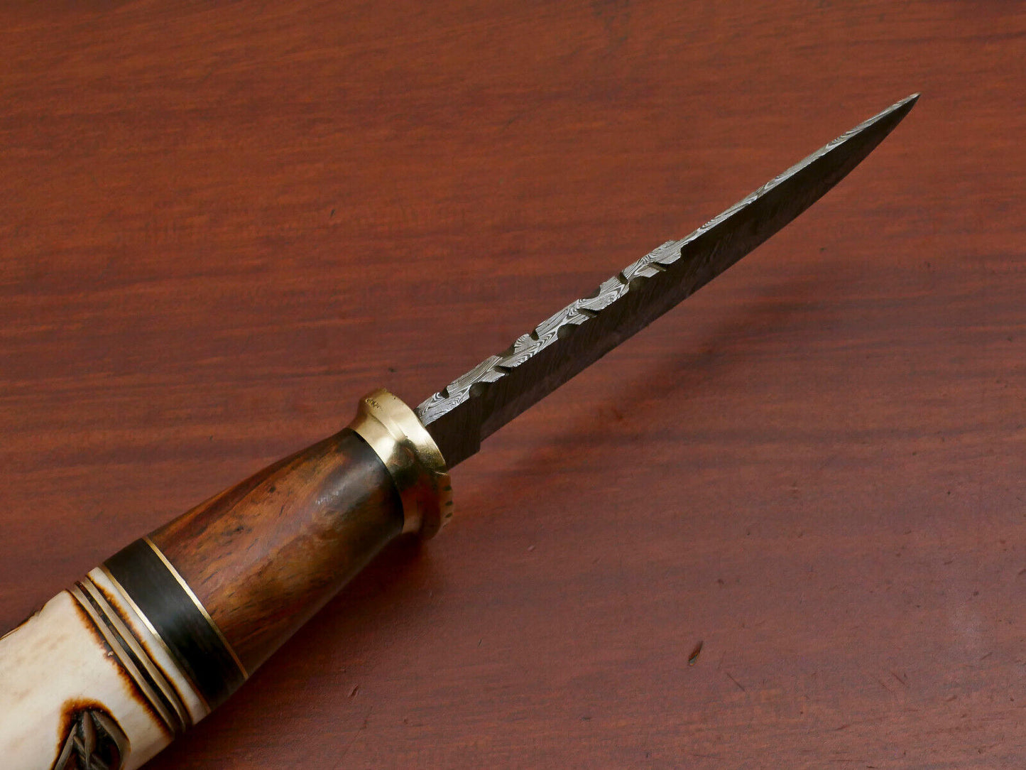 Heritage Forge Damascus Hunting Knife Camel Bone Rose Wood Pakka Wood Handle with Brass Guard