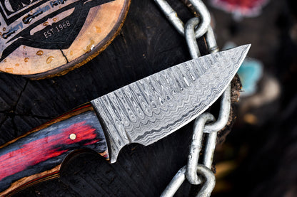 Custom Ladder Damascus Skinner Knife with Hardwood Handle and Leather Sheath