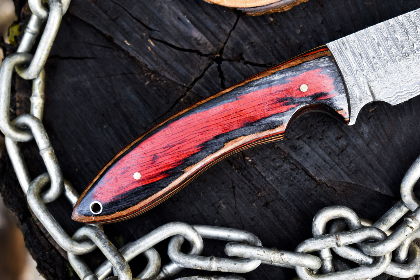 Custom Ladder Damascus Skinner Knife with Hardwood Handle and Leather Sheath