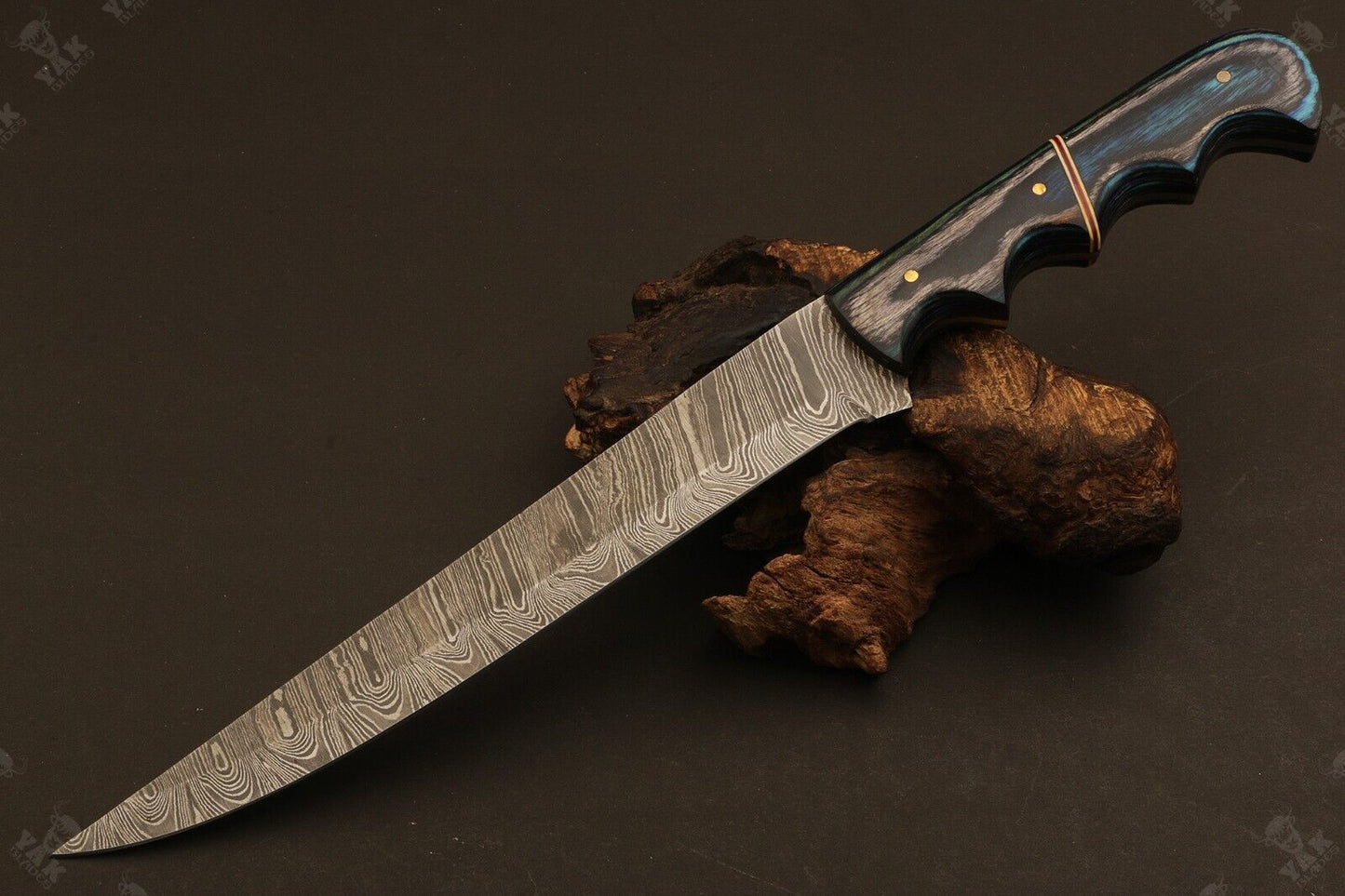 13.5" Hand Forged Damascus Fillet Knife Ladder Damascus Steel Knife W/Leather Sheath