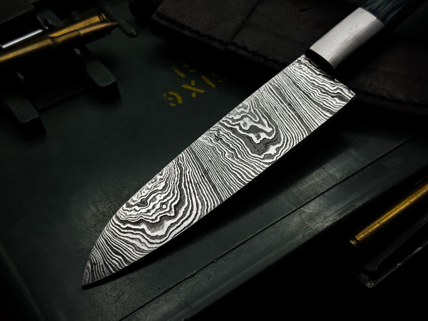 Handmade Damascus Steel Hunting & Kitchen Knife with Wood Handle and Leather Sheath