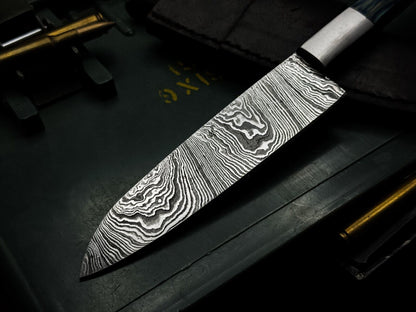Handmade Damascus Steel Hunting & Kitchen Knife with Wood Handle and Leather Sheath