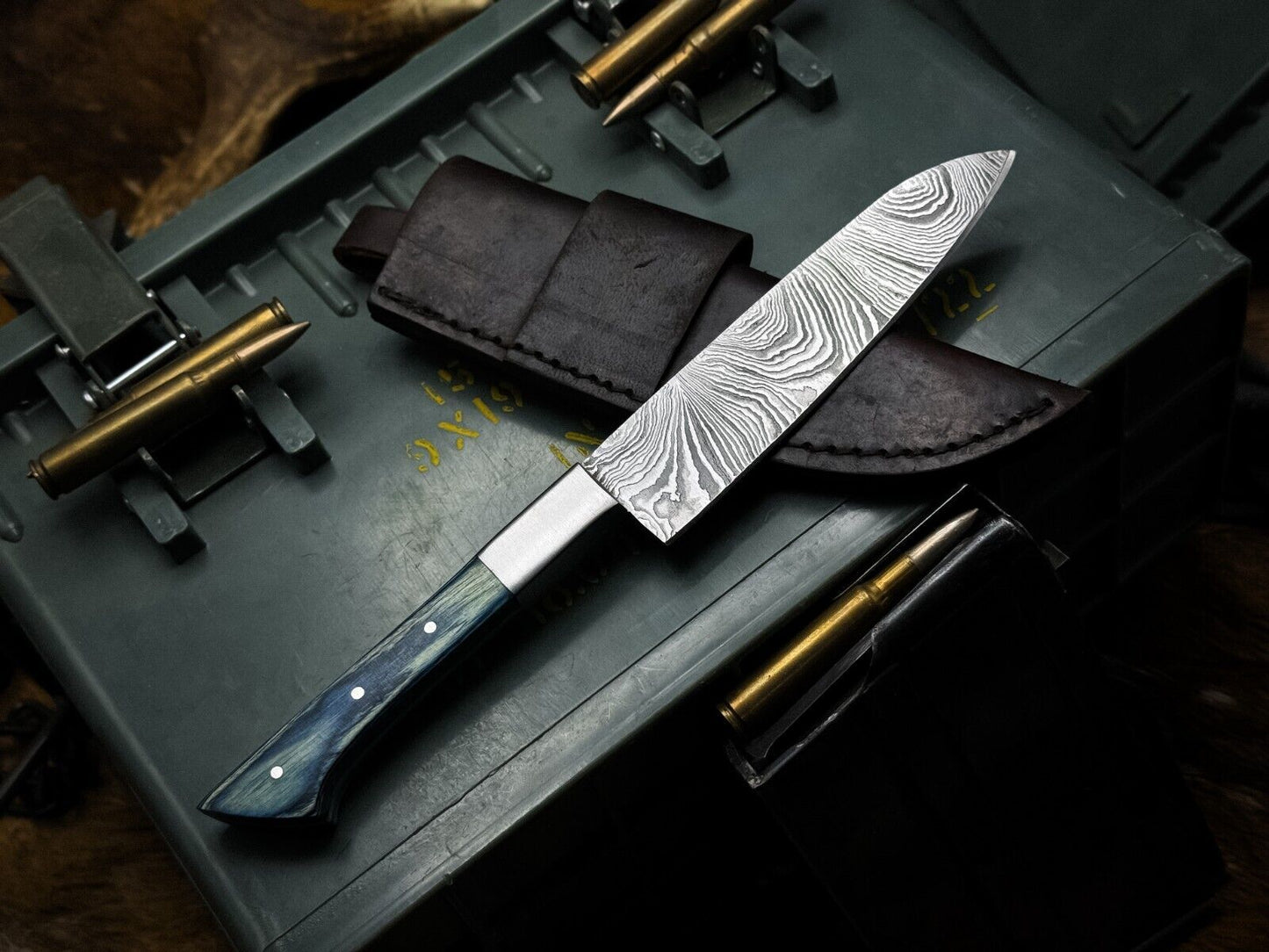 Handmade Damascus Steel Hunting & Kitchen Knife with Wood Handle and Leather Sheath