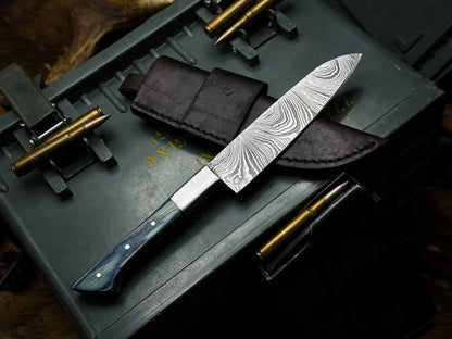 Handmade Damascus Steel Hunting & Kitchen Knife with Wood Handle and Leather Sheath
