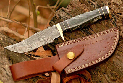8" Custom Handmade Damascus Steel Bowie Hunting Knife – Resin Handle & Brass Guard