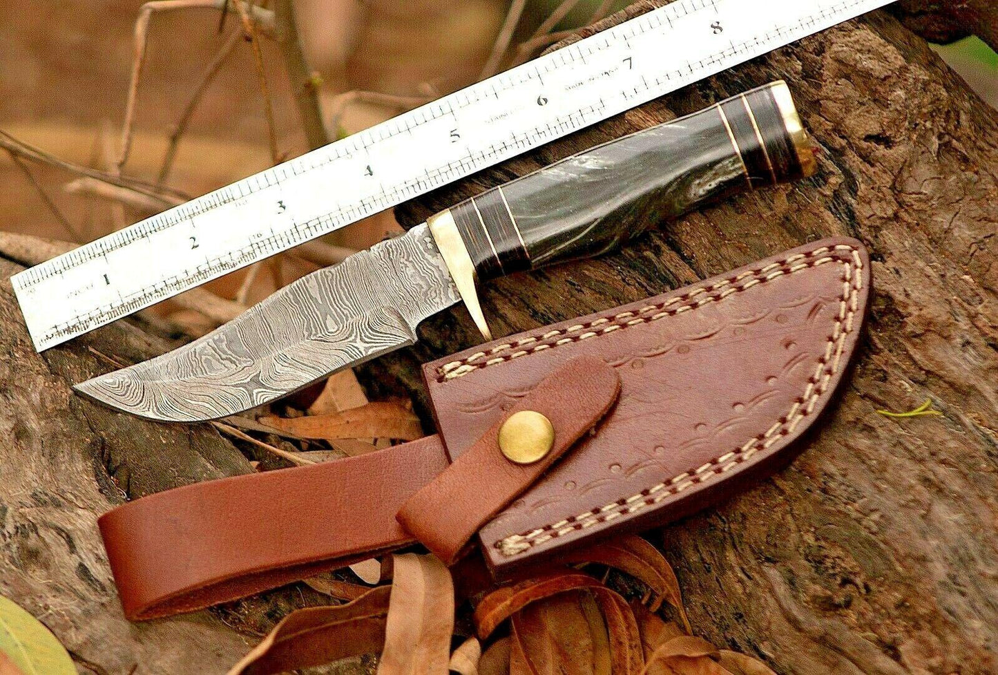 8" Custom Handmade Damascus Steel Bowie Hunting Knife – Resin Handle & Brass Guard