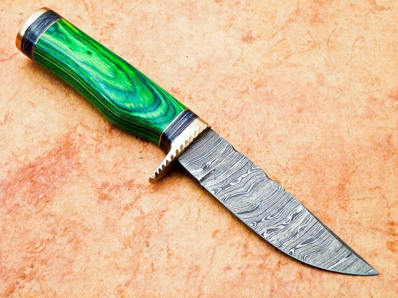 Heritage Forge 8 Inch Handmade Damascus Hunting Knife with Hardwood Handle and Leather Sheath
