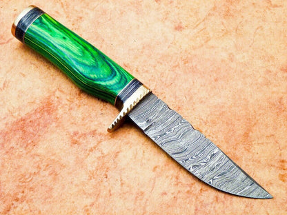 Heritage Forge 8 Inch Handmade Damascus Hunting Knife with Hardwood Handle and Leather Sheath