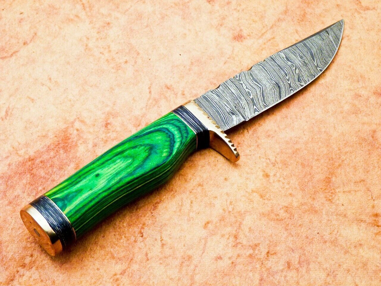 Heritage Forge 8 Inch Handmade Damascus Hunting Knife with Hardwood Handle and Leather Sheath