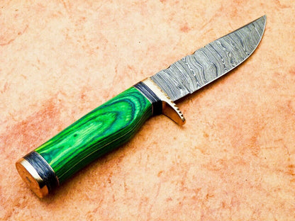 Heritage Forge 8 Inch Handmade Damascus Hunting Knife with Hardwood Handle and Leather Sheath