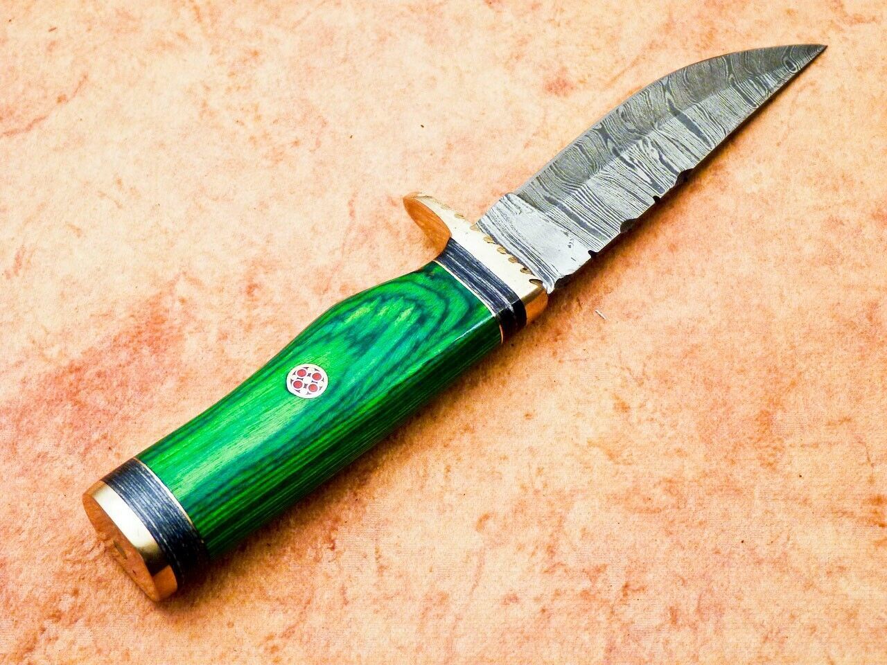 Heritage Forge 8 Inch Handmade Damascus Hunting Knife with Hardwood Handle and Leather Sheath