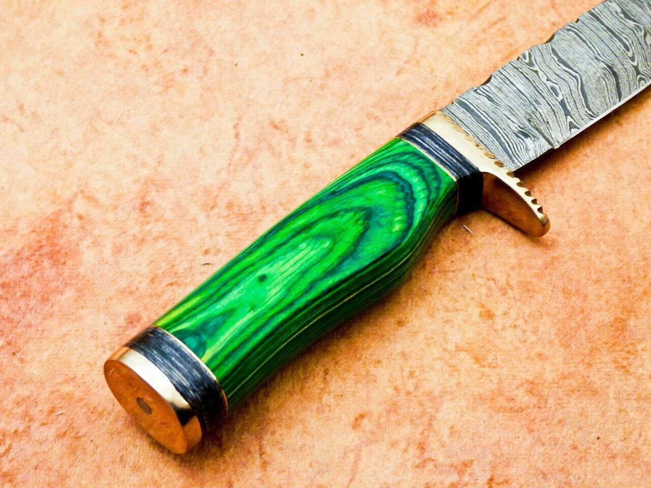 Heritage Forge 8 Inch Handmade Damascus Hunting Knife with Hardwood Handle and Leather Sheath