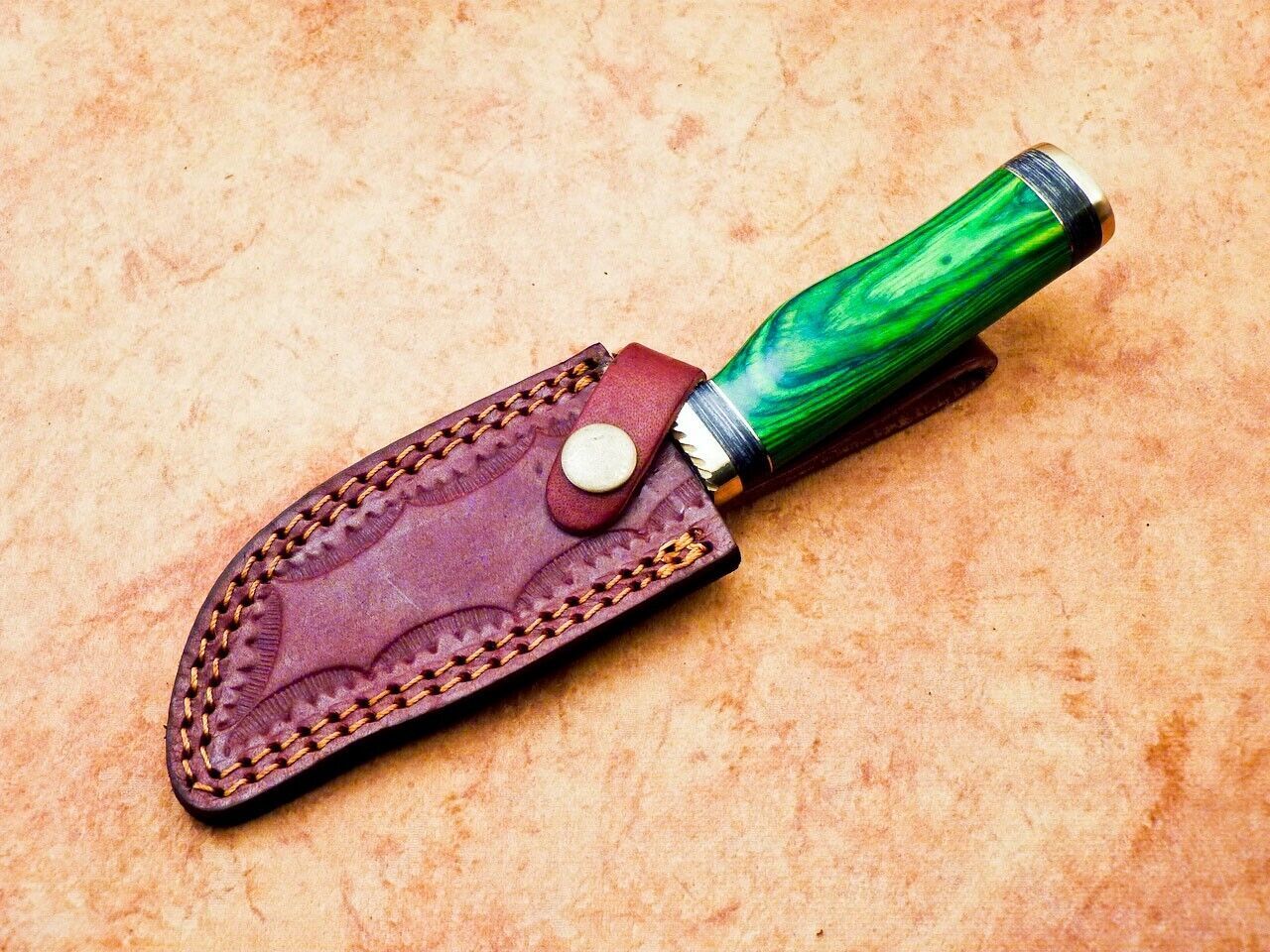 Heritage Forge 8 Inch Handmade Damascus Hunting Knife with Hardwood Handle and Leather Sheath