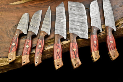Handmade Damascus Blade Full Tang Chef Knife Set – 5 Pcs Kitchen Knives with Leather Sheath