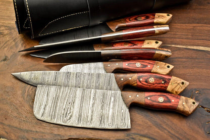 Handmade Damascus Blade Full Tang Chef Knife Set – 5 Pcs Kitchen Knives with Leather Sheath