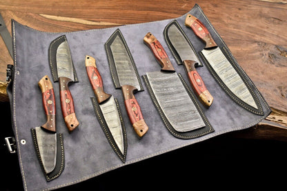 Handmade Damascus Blade Full Tang Chef Knife Set – 5 Pcs Kitchen Knives with Leather Sheath
