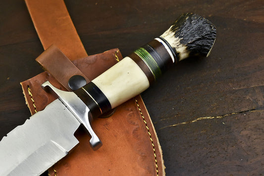 Custom D2 Steel Bowie Knife with Crown Antler Handle – Handmade Hunting Gift with Leather Sheath
