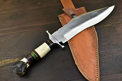 Custom D2 Steel Bowie Knife with Crown Antler Handle – Handmade Hunting Gift with Leather Sheath