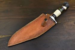 Custom D2 Steel Bowie Knife with Crown Antler Handle – Handmade Hunting Gift with Leather Sheath