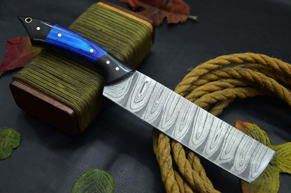 Handmade Damascus Steel Chef Knife | Fixed Blade with Wooden & Horn Handle Sheath