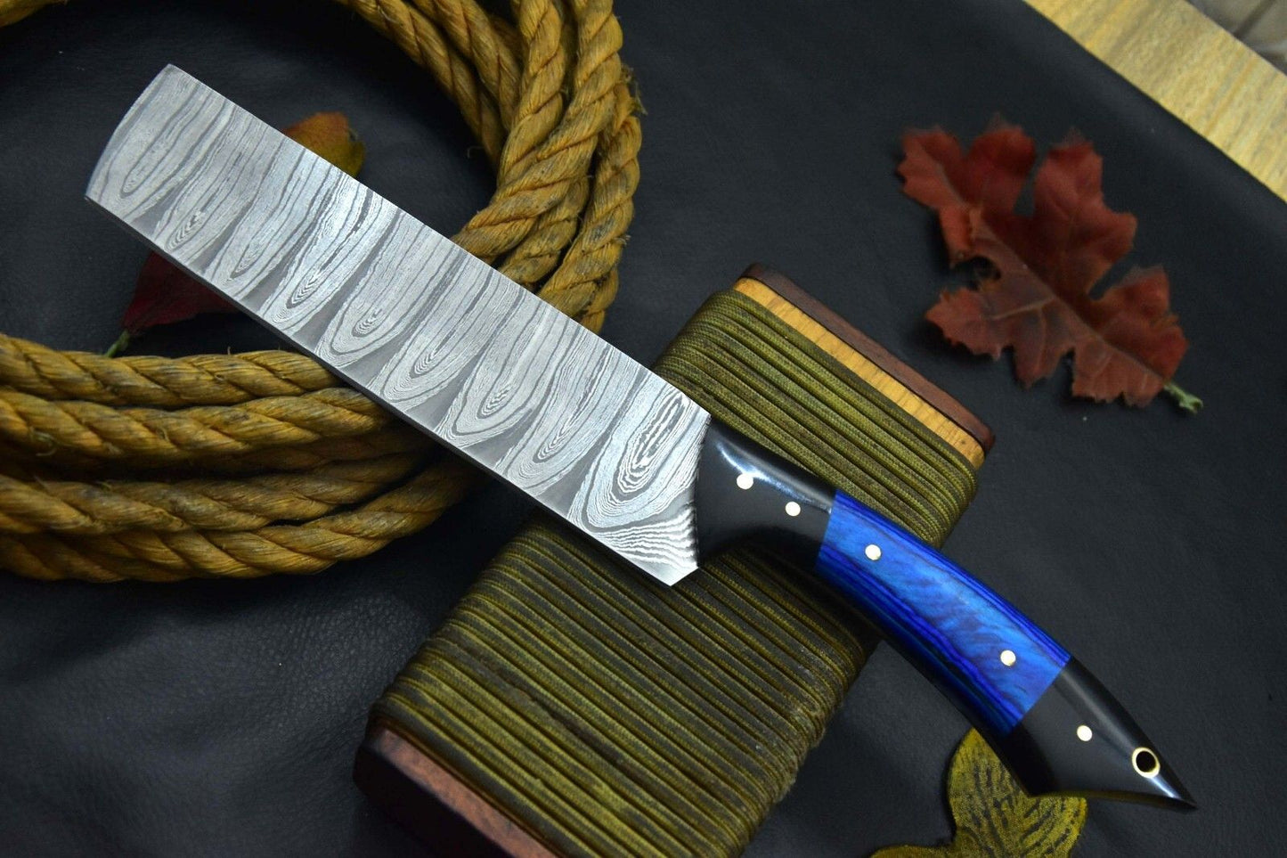 Handmade Damascus Steel Chef Knife | Fixed Blade with Wooden & Horn Handle Sheath