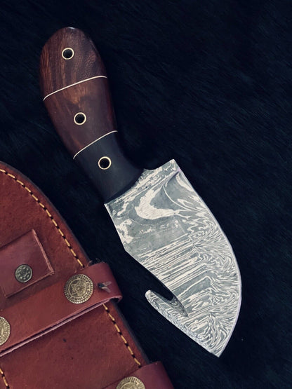 Heritage Forge 8 Inch Fire Damascus Steel Gutuk Bowie Knife with Camel Bone and Wood Handle