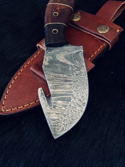 Heritage Forge 8 Inch Fire Damascus Steel Gutuk Bowie Knife with Camel Bone and Wood Handle