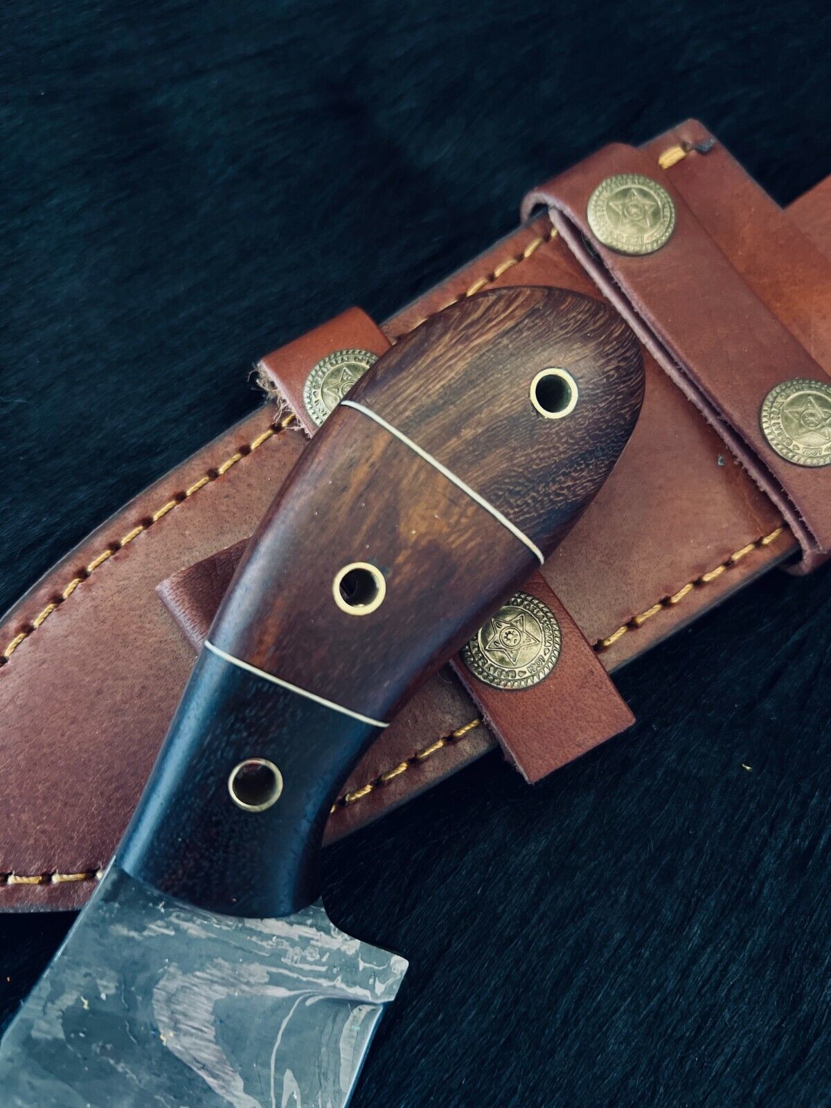Heritage Forge 8 Inch Fire Damascus Steel Gutuk Bowie Knife with Camel Bone and Wood Handle