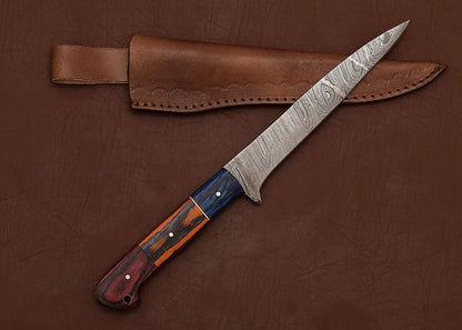 Premium Handmade Damascus Steel Chef Fillet Knife with 8" Blade & Pakka Wood Handle
