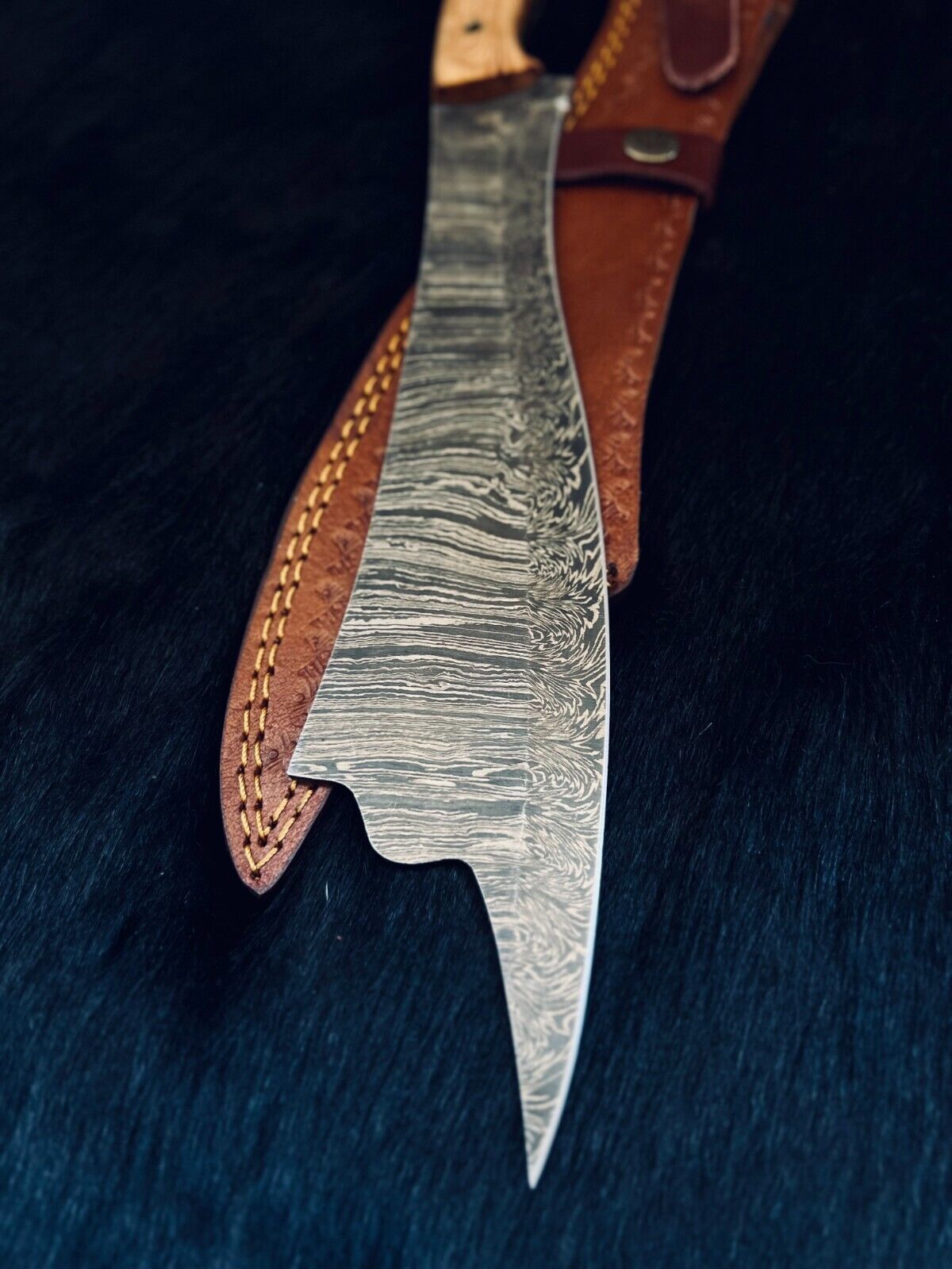 Heritage Forge 16.5 Inch Fire Damascus Steel Machete Knife with Camel Bone and Wood Handle
