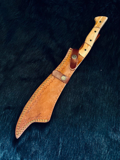 Heritage Forge 16.5 Inch Fire Damascus Steel Machete Knife with Camel Bone and Wood Handle
