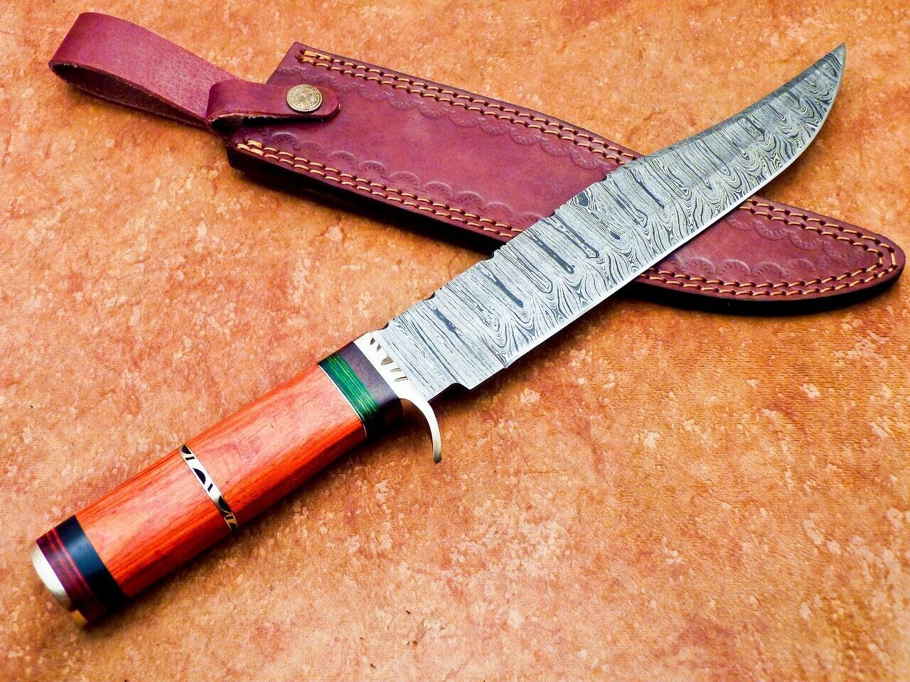 15 Inch Damascus Steel Bowie Knife with Hardwood Handle