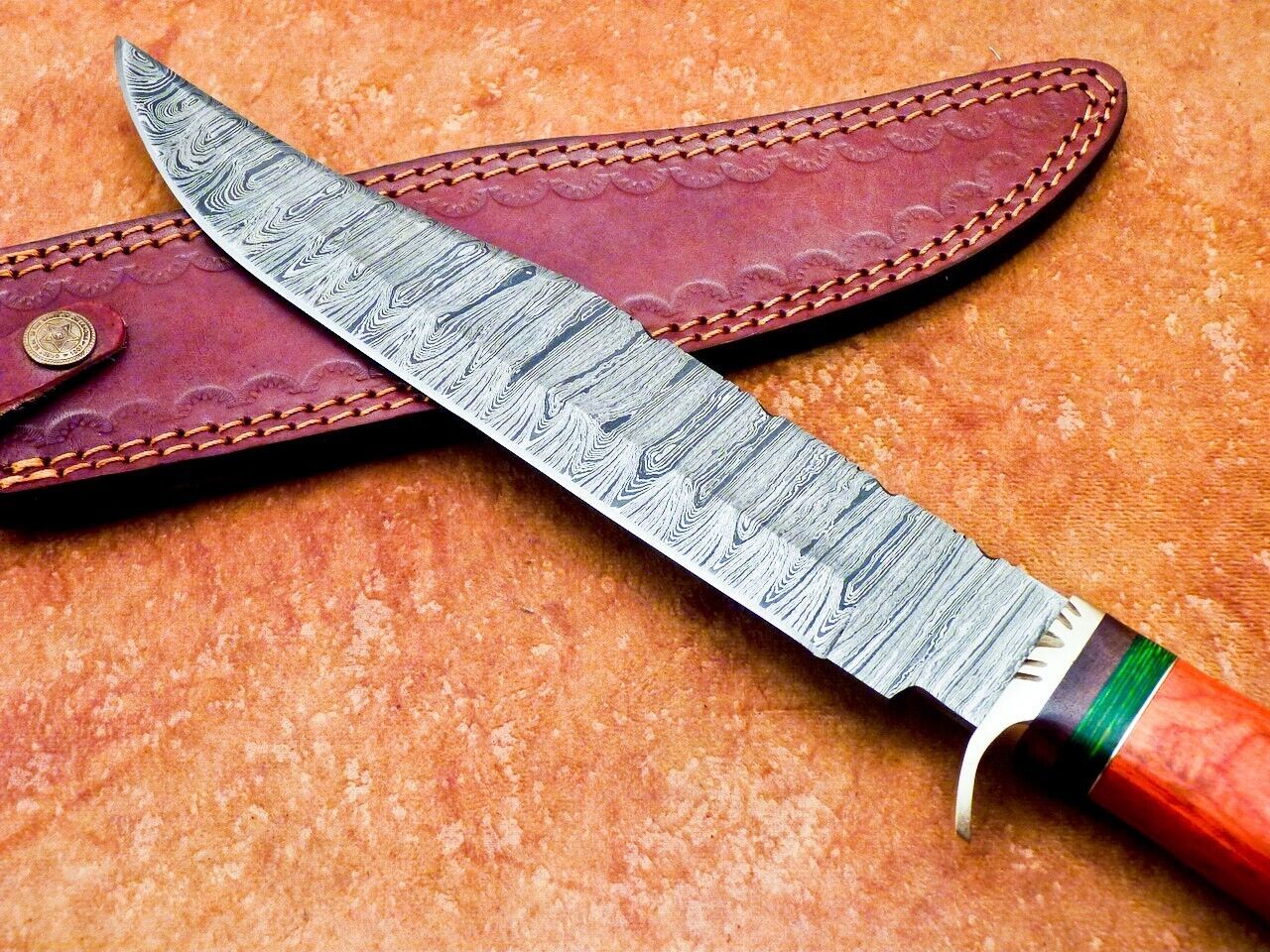 15 Inch Damascus Steel Bowie Knife with Hardwood Handle