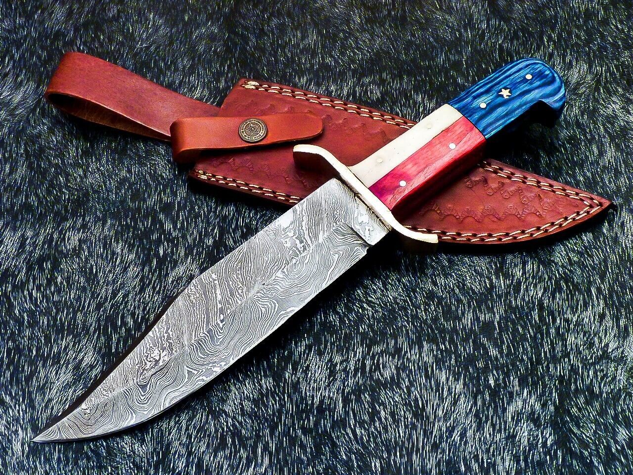 12 Inch Full Tang Damascus Bowie Knife with Camel Bone and Wood Handle
