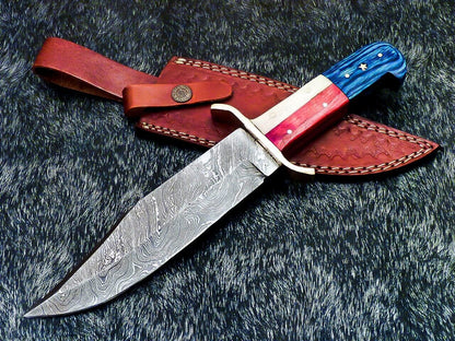 12 Inch Full Tang Damascus Bowie Knife with Camel Bone and Wood Handle
