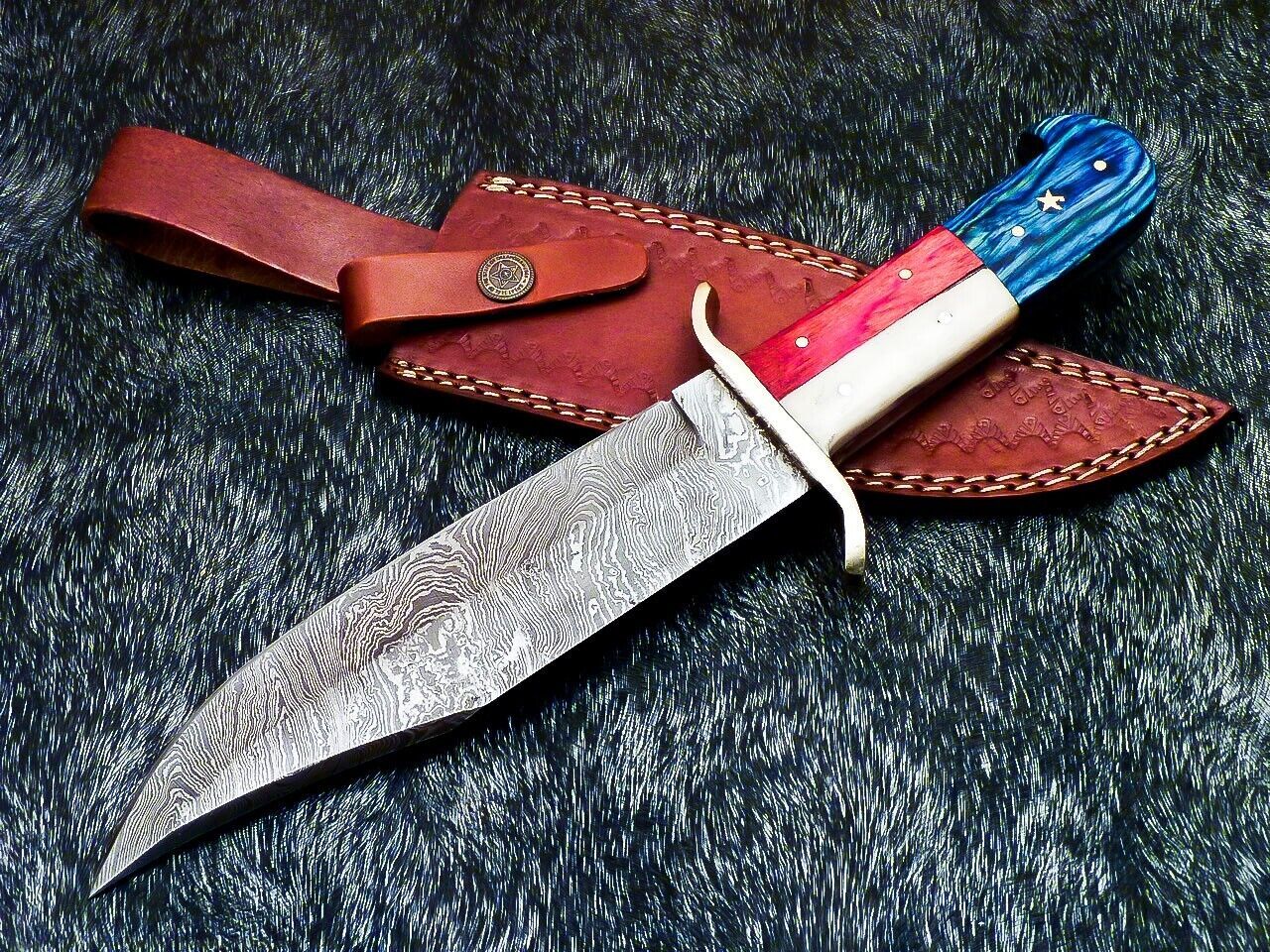 12 Inch Full Tang Damascus Bowie Knife with Camel Bone and Wood Handle
