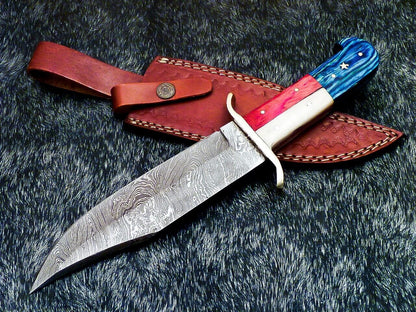 12 Inch Full Tang Damascus Bowie Knife with Camel Bone and Wood Handle