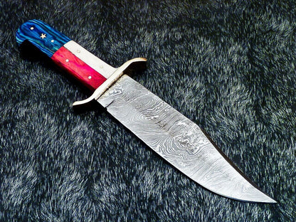 12 Inch Full Tang Damascus Bowie Knife with Camel Bone and Wood Handle