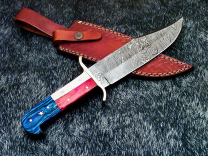 12 Inch Full Tang Damascus Bowie Knife with Camel Bone and Wood Handle