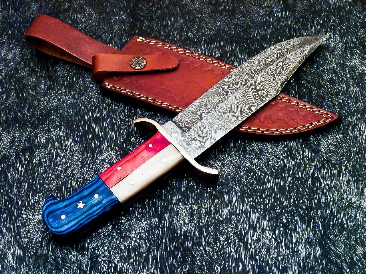 12 Inch Full Tang Damascus Bowie Knife with Camel Bone and Wood Handle