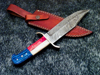 12 Inch Full Tang Damascus Bowie Knife with Camel Bone and Wood Handle
