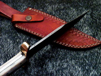 12 Inch Full Tang Damascus Bowie Knife with Camel Bone and Wood Handle