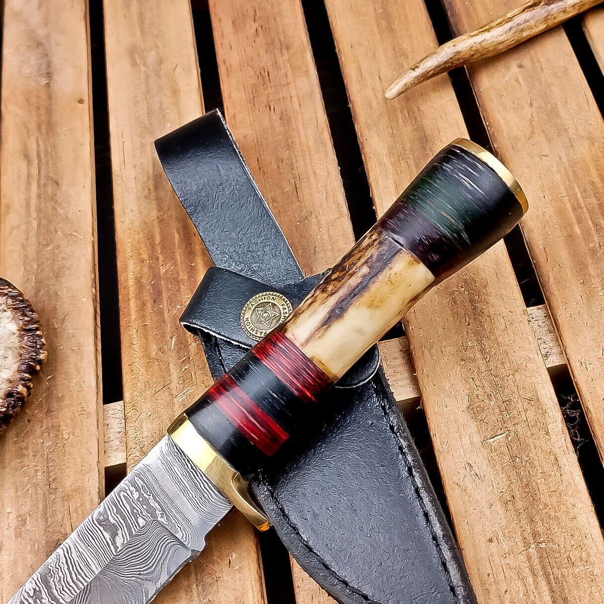 8.5" Damascus Hunting Knife – Stag Horn Handle with Leather Sheath