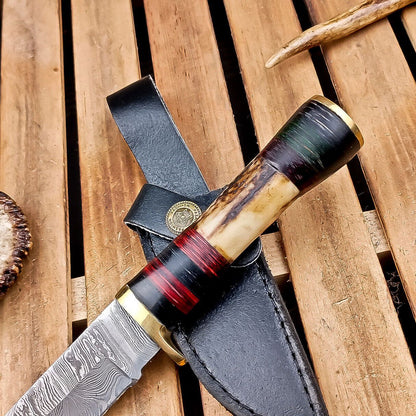 8.5" Damascus Hunting Knife – Stag Horn Handle with Leather Sheath