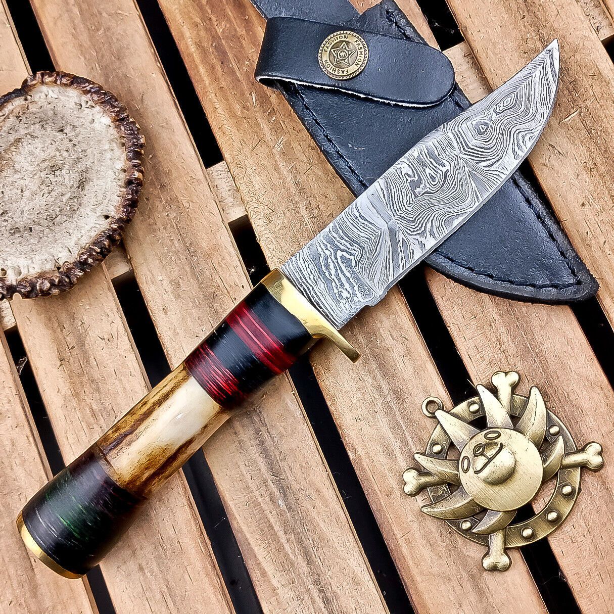 8.5" Damascus Hunting Knife – Stag Horn Handle with Leather Sheath