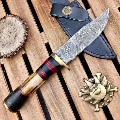 8.5" Damascus Hunting Knife – Stag Horn Handle with Leather Sheath
