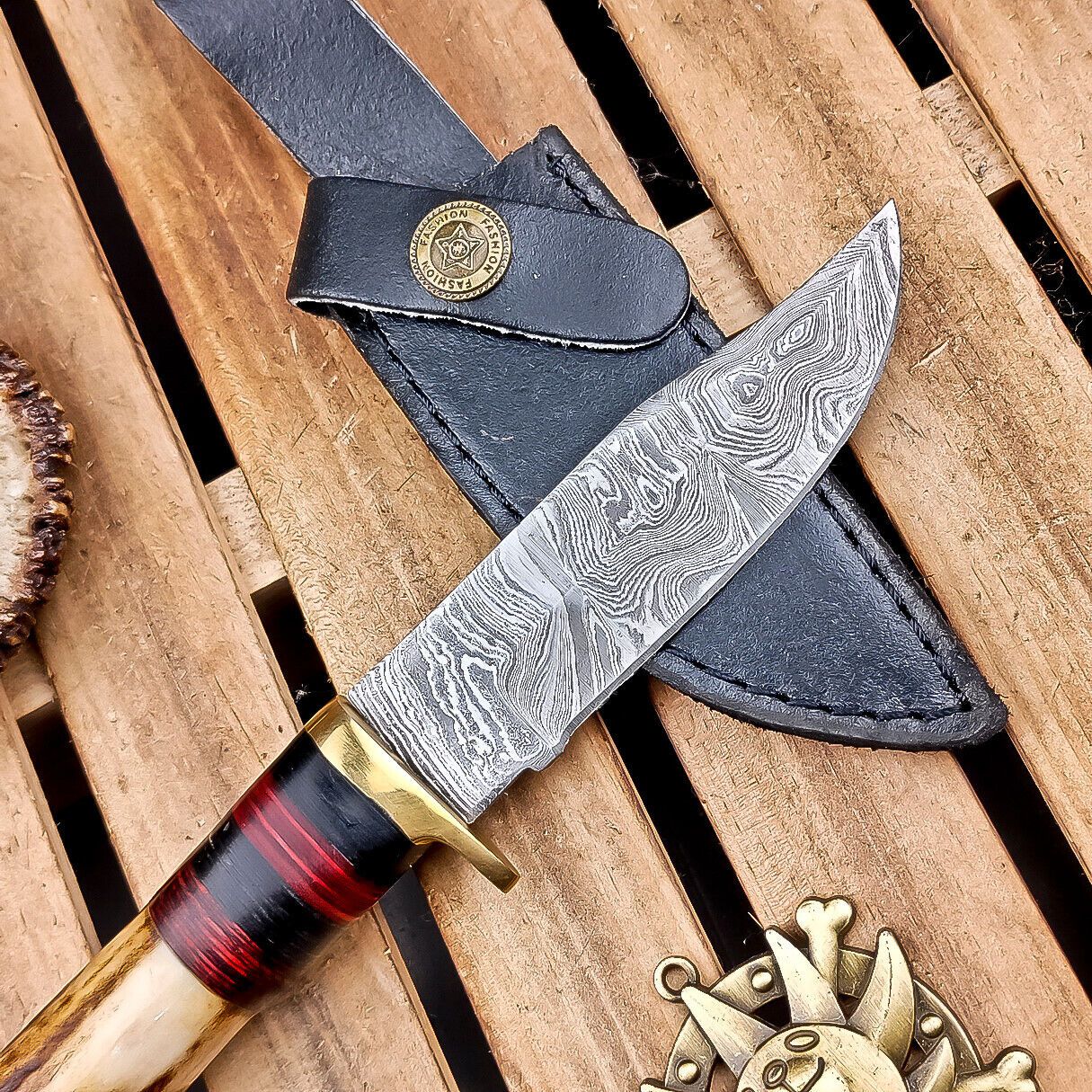 8.5" Damascus Hunting Knife – Stag Horn Handle with Leather Sheath