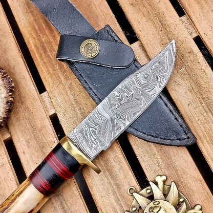 8.5" Damascus Hunting Knife – Stag Horn Handle with Leather Sheath