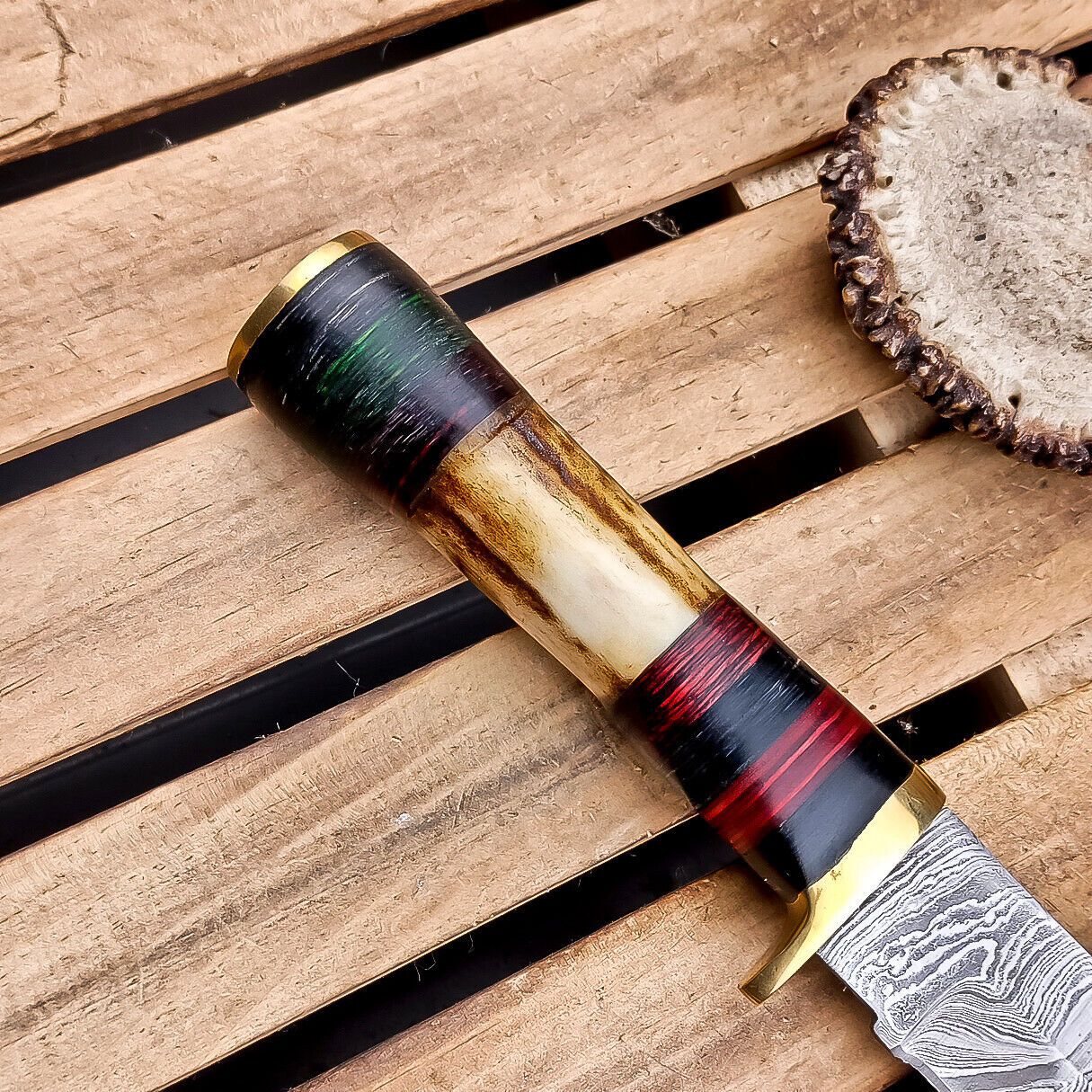 8.5" Damascus Hunting Knife – Stag Horn Handle with Leather Sheath