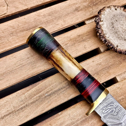8.5" Damascus Hunting Knife – Stag Horn Handle with Leather Sheath